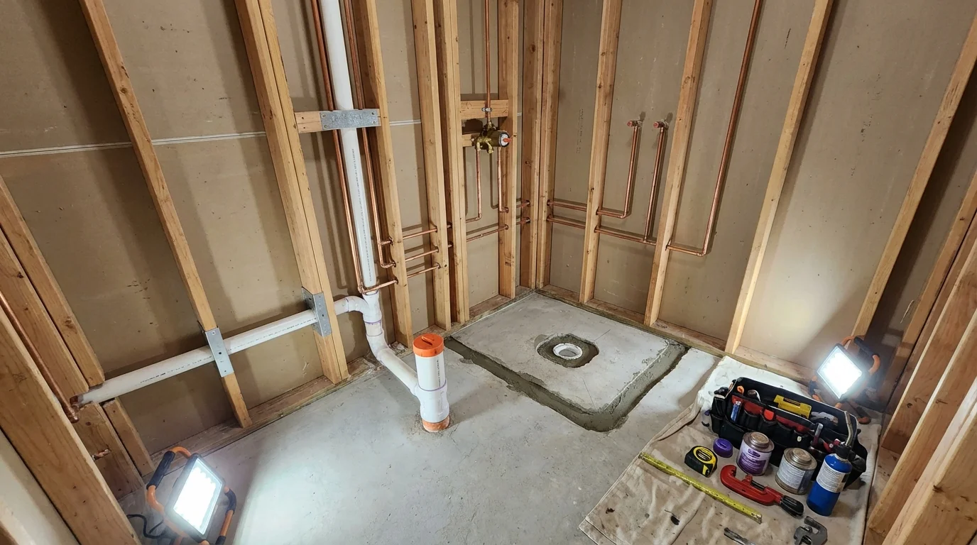 Bathroom rough-in plumbing during remodel by Johns Plumbing LLC in Myrtle Point