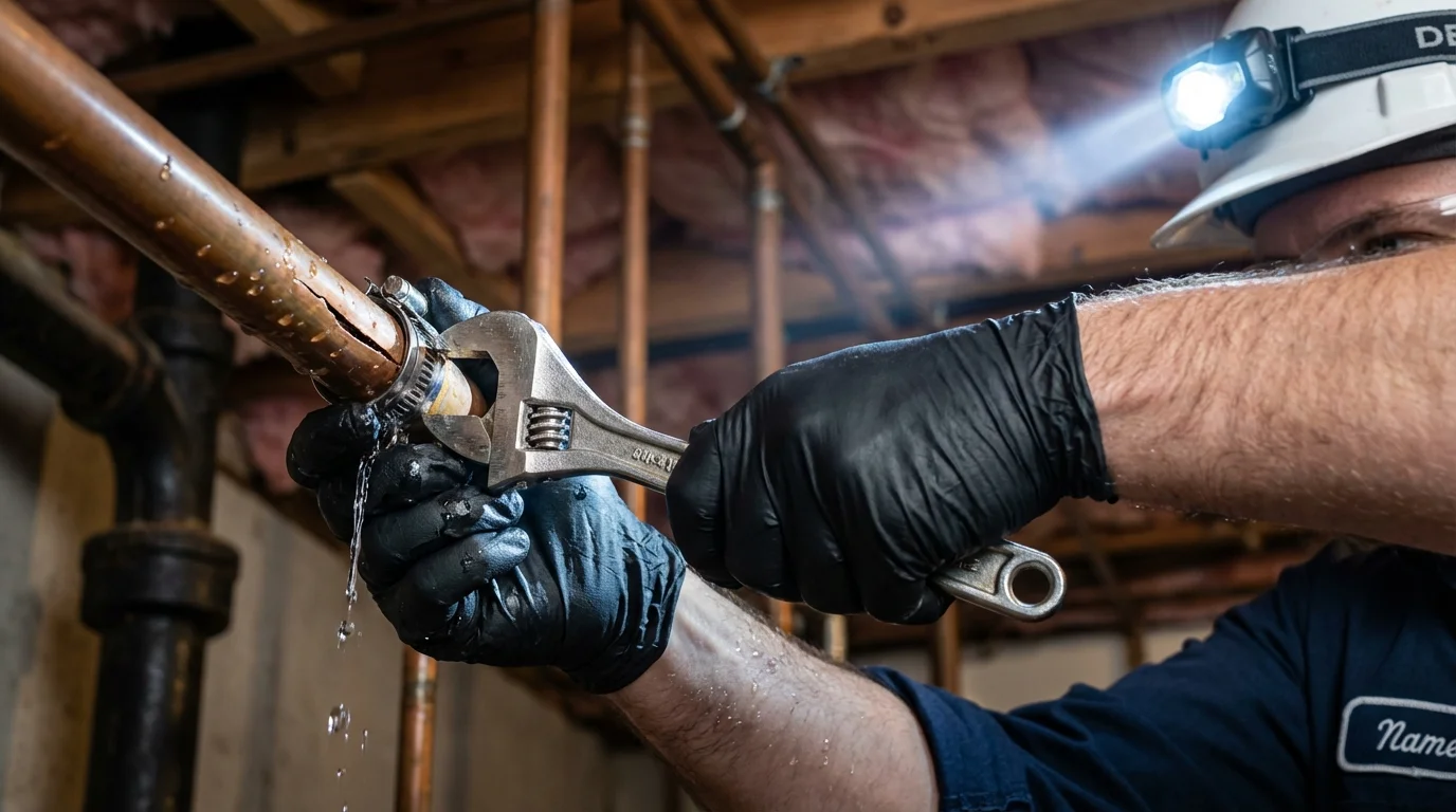 Emergency pipe clamp repair being performed by a Johns Plumbing LLC plumber in Myrtle Point