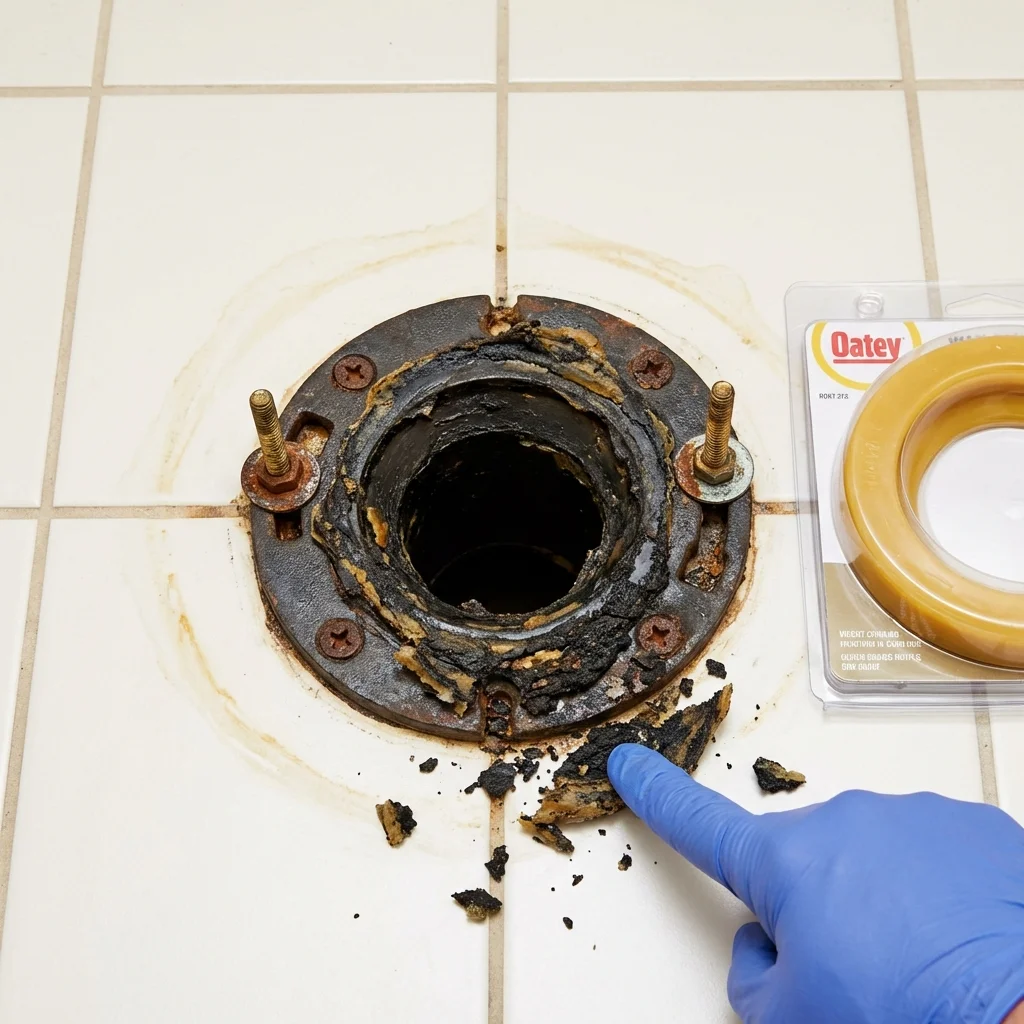 Failed wax ring showing water seepage at the base of a toilet in a Myrtle Point, OR home