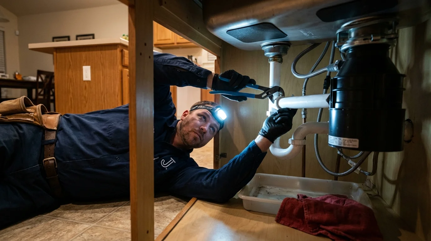 P-trap and supply line connections under a kitchen sink showing a common leak point in Myrtle Point, OR
